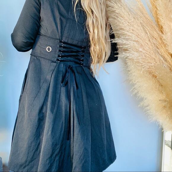 VINTAGE 90s CCC Washed Black Grey Tie Corset Back Button Trench Coat Jacket M - Picture 1 of 10